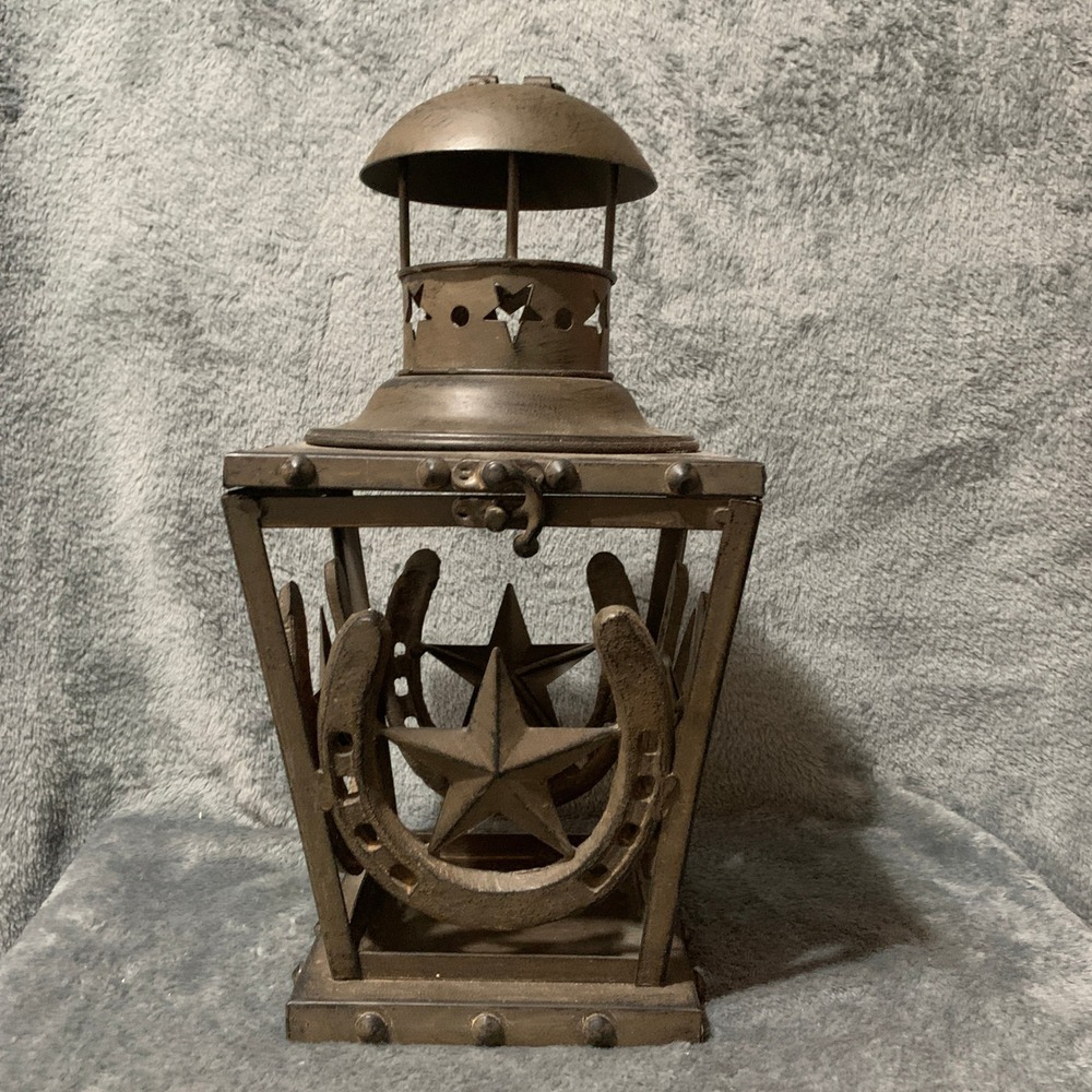 Rustic Metal Horseshoe Texas Star Lantern Western Farmhouse Decor Bronze 13.5in